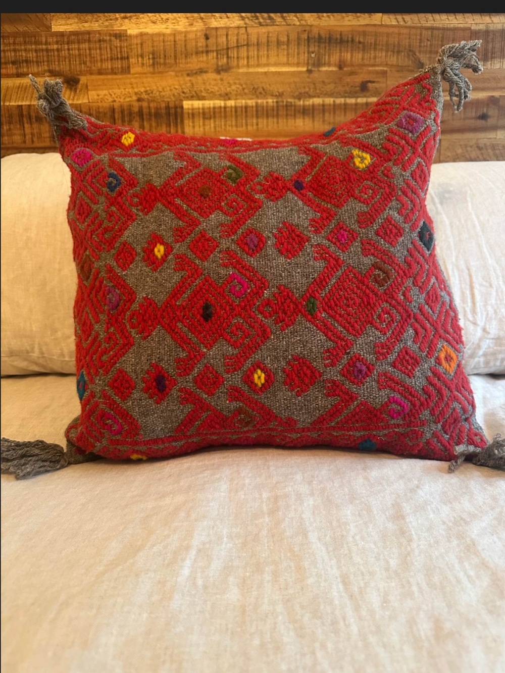 Handwoven Red & Gray Decorative Pillow with Tassels